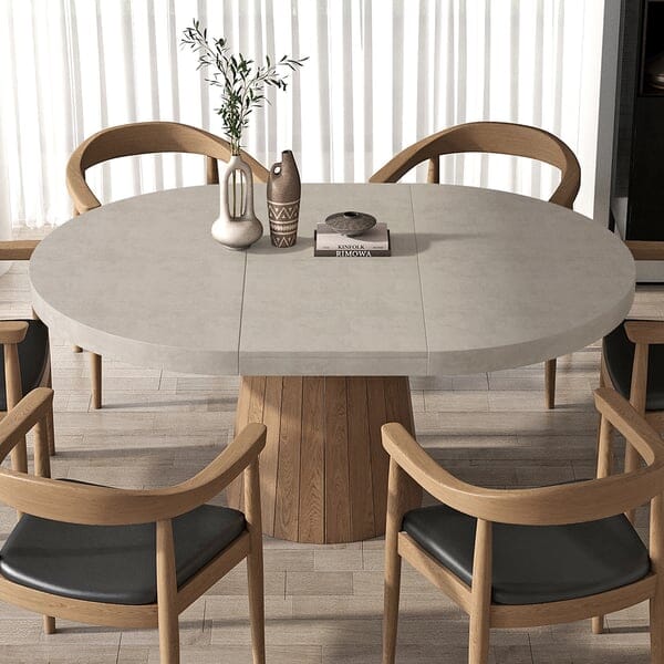 Japandi 1000mm-1400mm Extendable Dining Table 6-Seater Walnut Oval&Round Pedestal